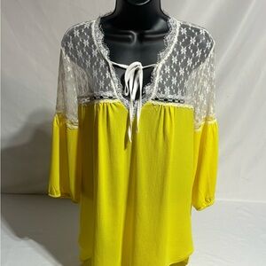 Available By Angela Yellow Boho Lace Tunic Top Tie Neck Cottagecore Size: Medium